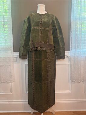 90s Vintage SMH Olive Suede‎ Leather Crochet Patchwork Skirt Jacket Set M 12